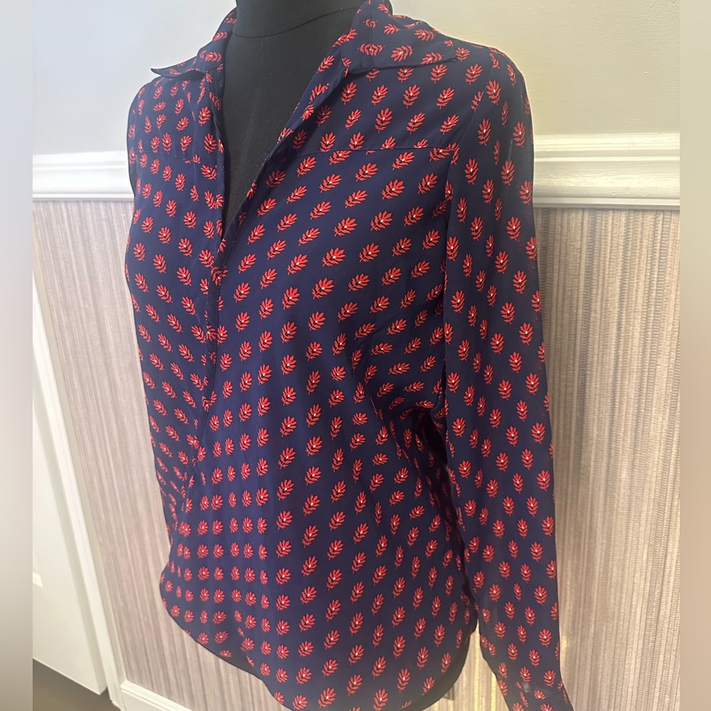 Japna Navy Red Leaf Print Blouse Long Sleeve Lightweight Top